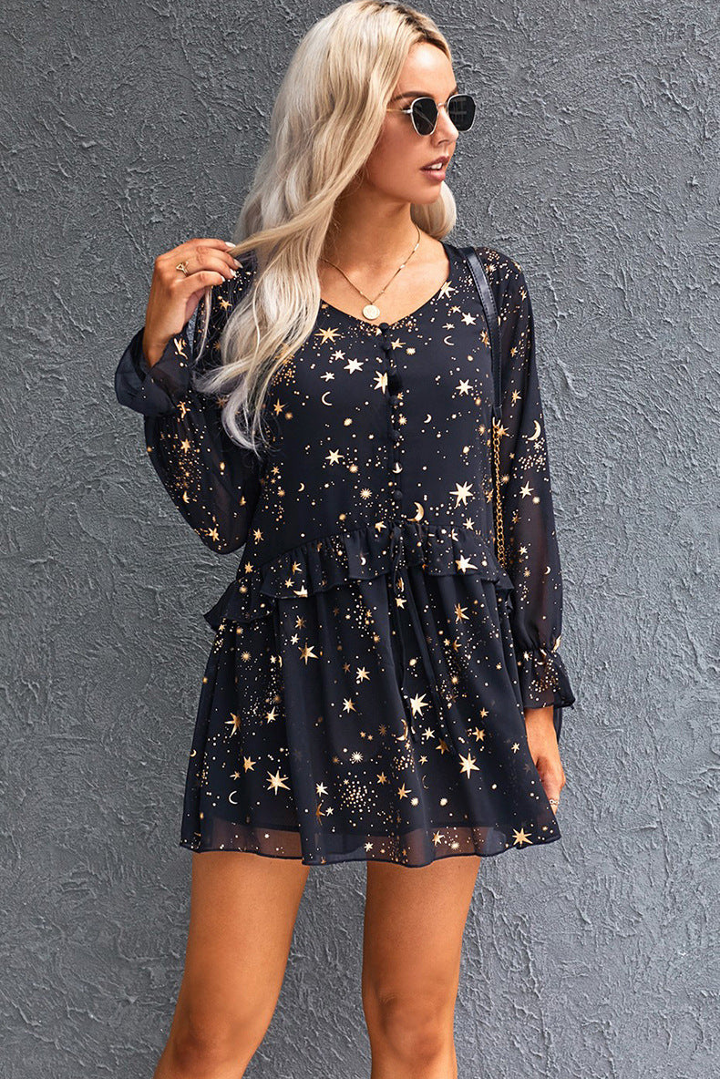 V-neck Star Print Galactic Girl Lantern Long Sleeve Mini Dress