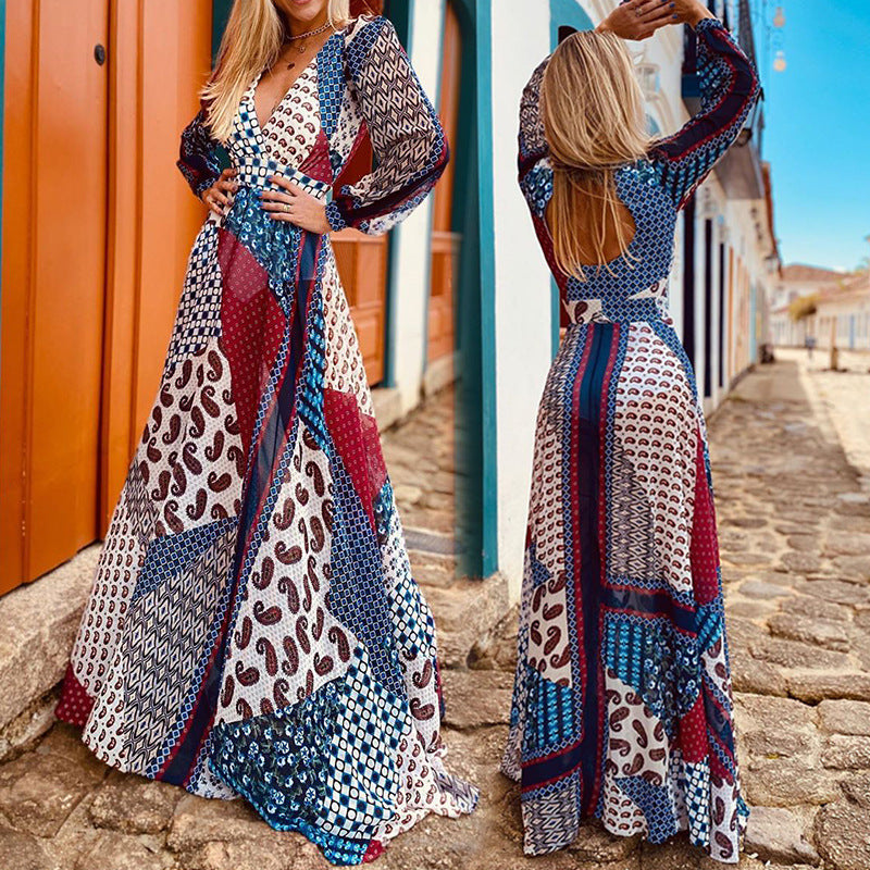 Backless V Neck Patchwork Print Bohemian Maxi Dress