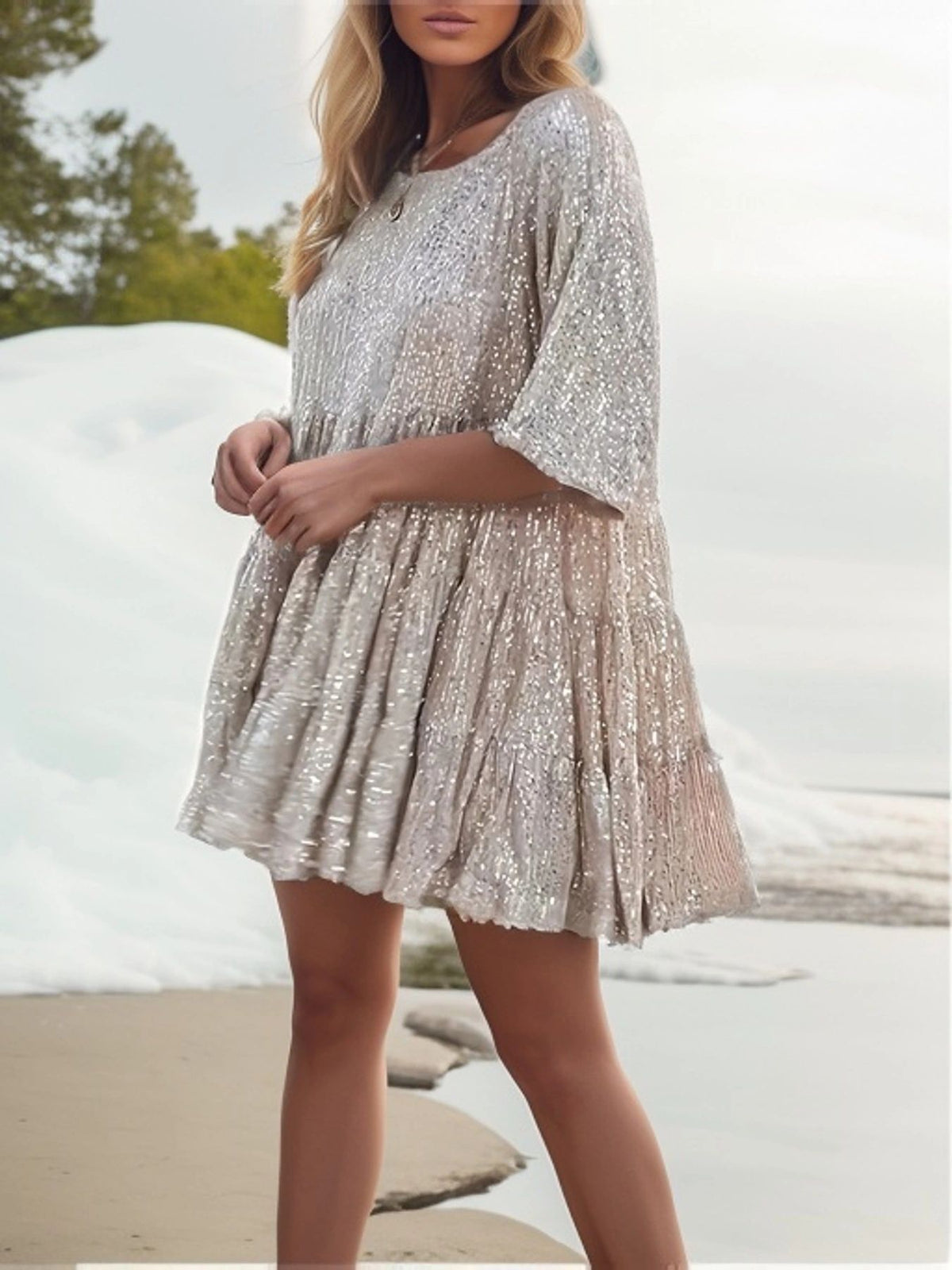 Fashionable Sequins Round Neck Loose Waist Short Sleeves And Skirt Dress