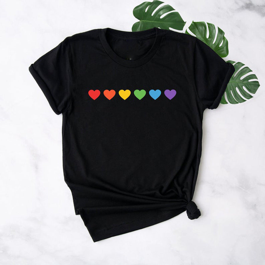 Colorful Rainbow Heart Print Casual Simple Style Graphic Printed T-shirt