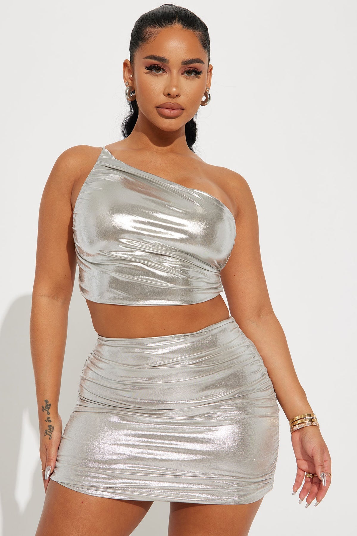 Iris Metallic Mini Skirt Set - Silver