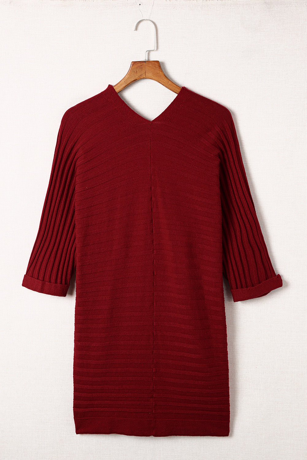 Red Ribbed Half Sleeve Open Front Knit Cardigans