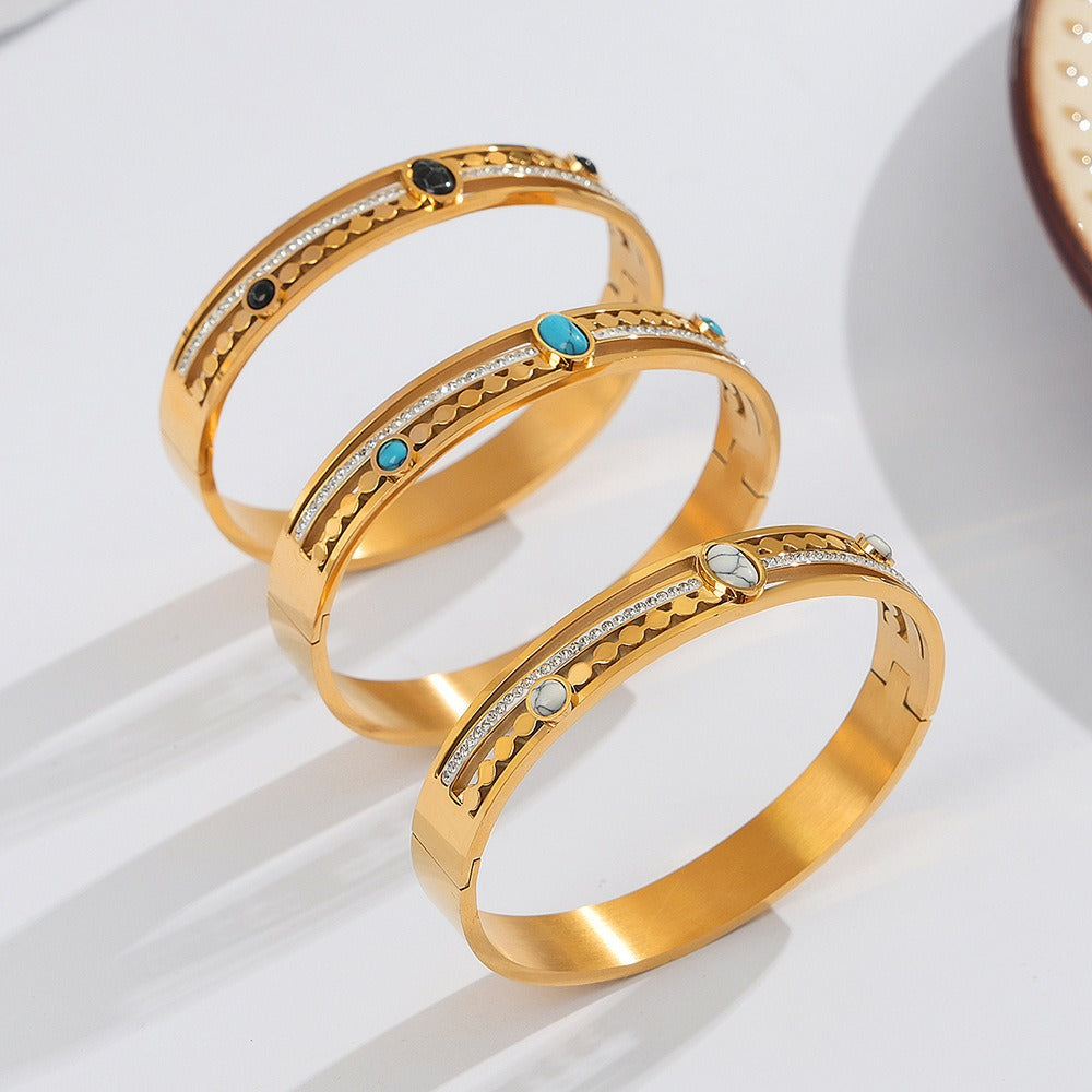 Trendy and fashionable 18k gold inlaid turquoise and zircon hollow design versatile bracelet