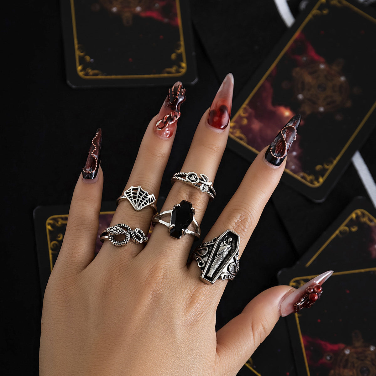 Dark Punk Retro Stackable Carved Bat and Coffin Goth Girl Ring Sets