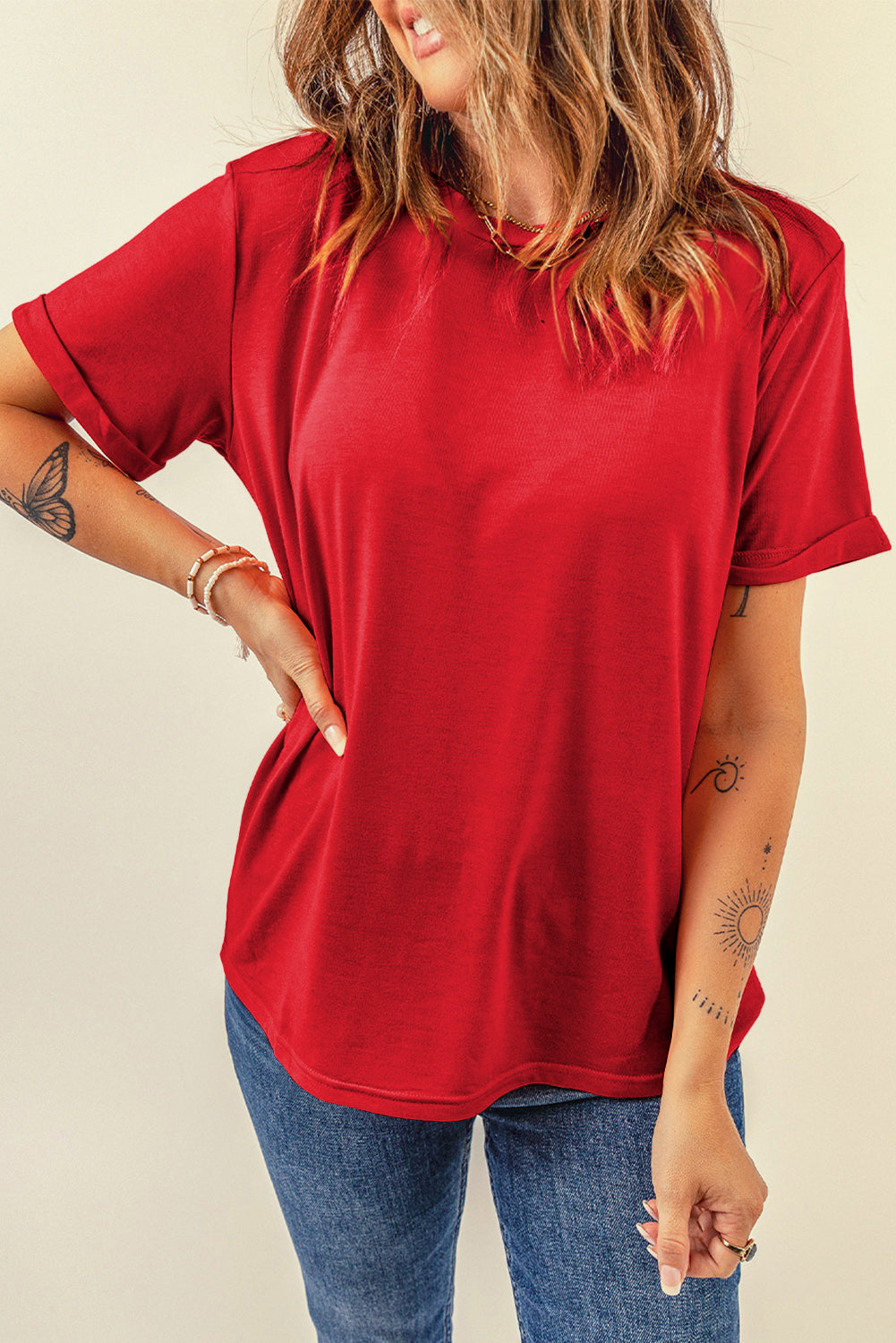 Rose Red Casual Plain Crew Neck Tee