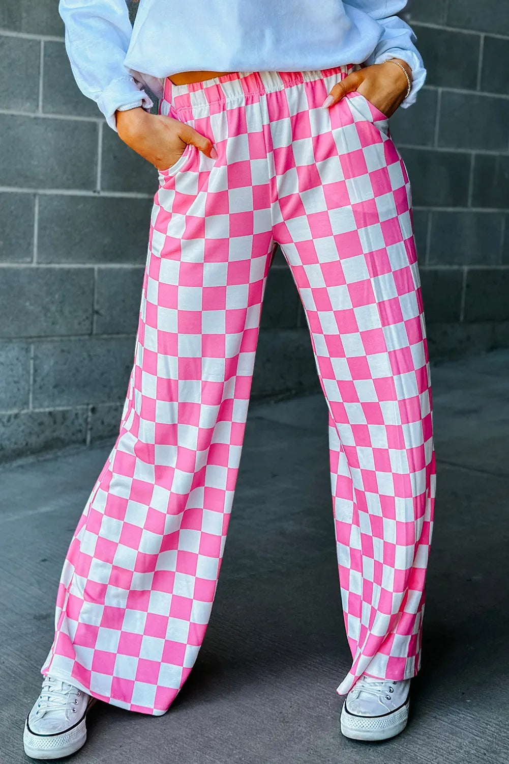 Pink Checkered Wide Leg Pants With Pockets