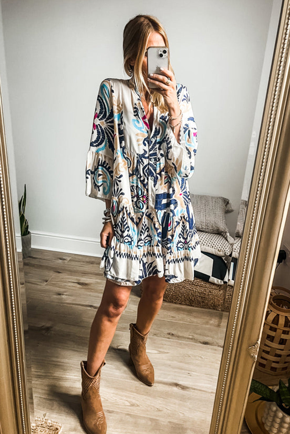 White Ethnic Print Boho Button Tiered Mini Dress