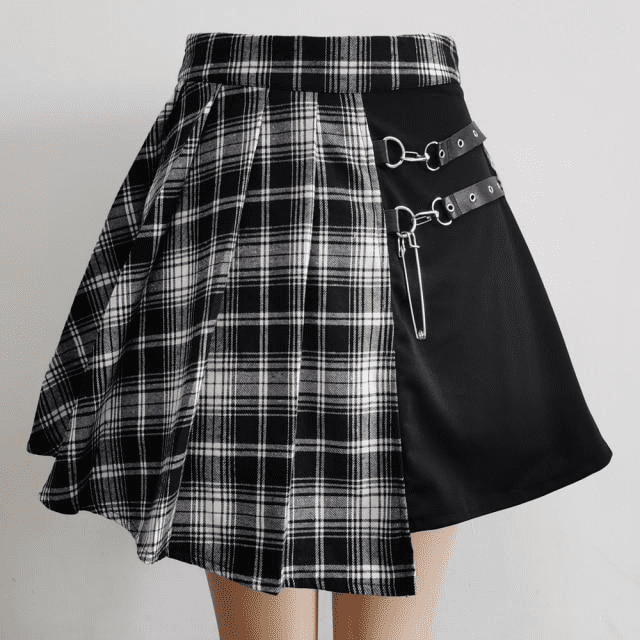 Goth Pleated Short Schoolgirl Split Color Block Plaid Skirt