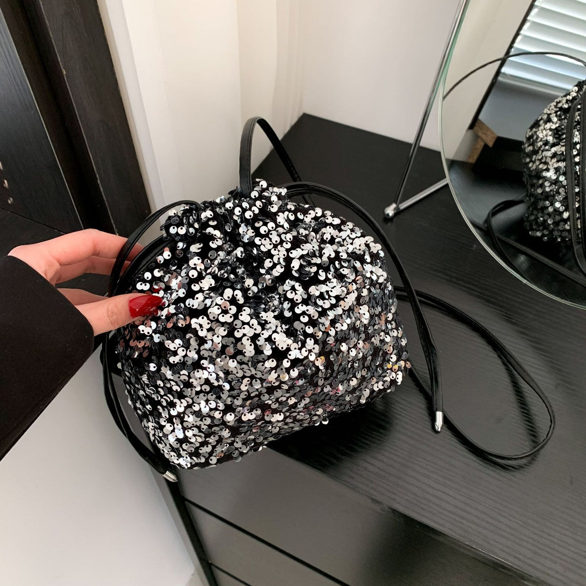 Crossbody Drawstring Pleated Design Soft Color Sequin Bag