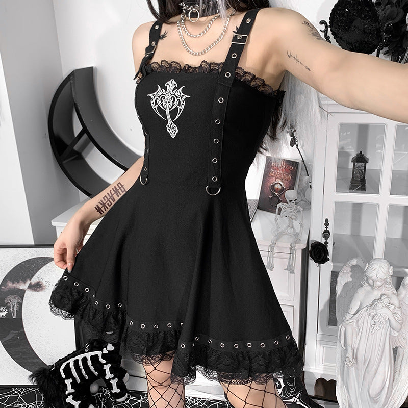 Women's Dark Webbing A-line Lace Vest Dress