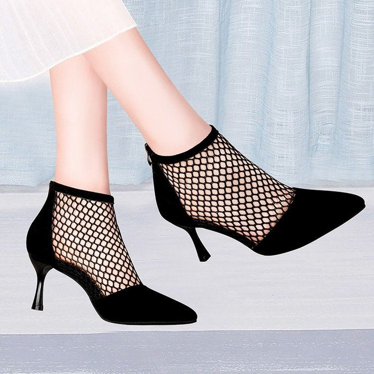 New Style Pointed Toe Stiletto Net Boots Women's Hollow Mesh