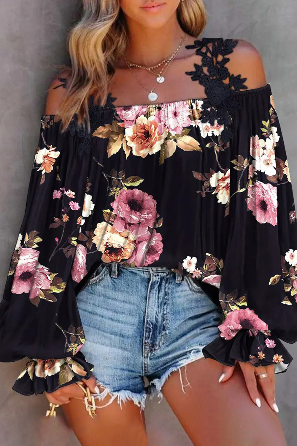 Black Floral Print Lace Patchwork Loose Off Shoulder Blouse