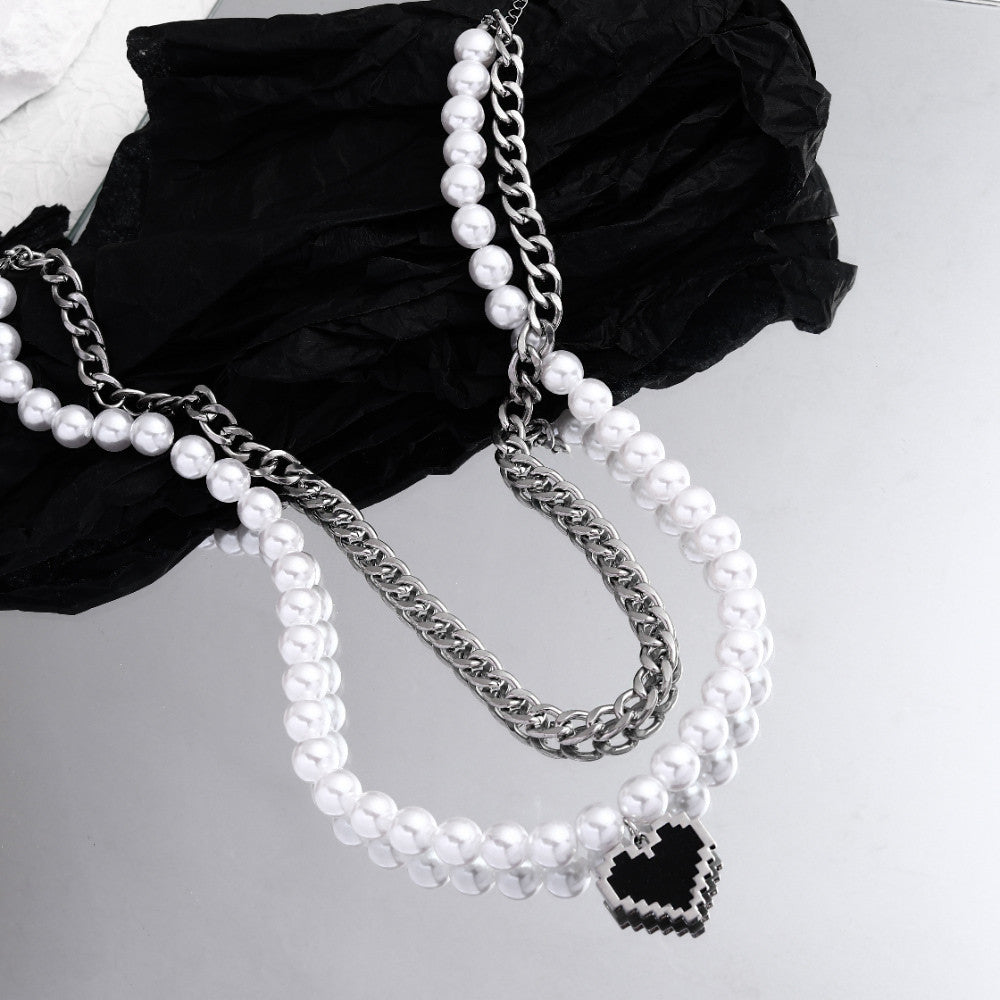 Novel and fashionable double-layer stitching chain with pearl love pendant punk style all-match necklace