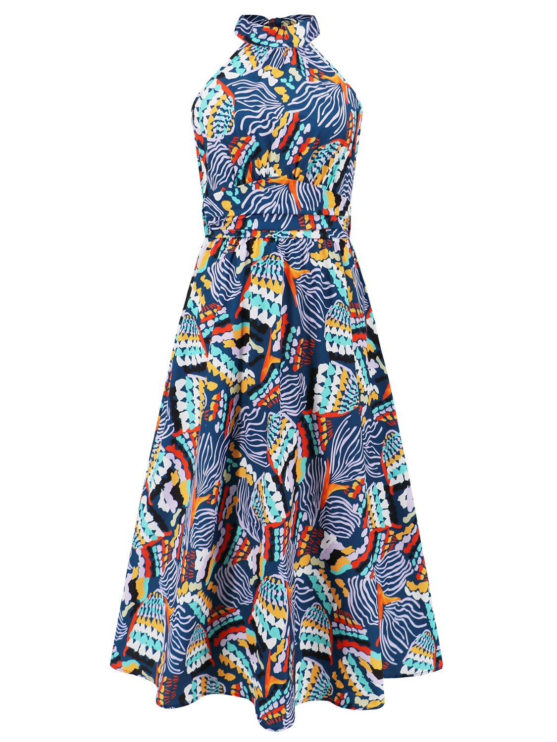 Ruched Printed Halter Neck Boho Sleeveless Dress