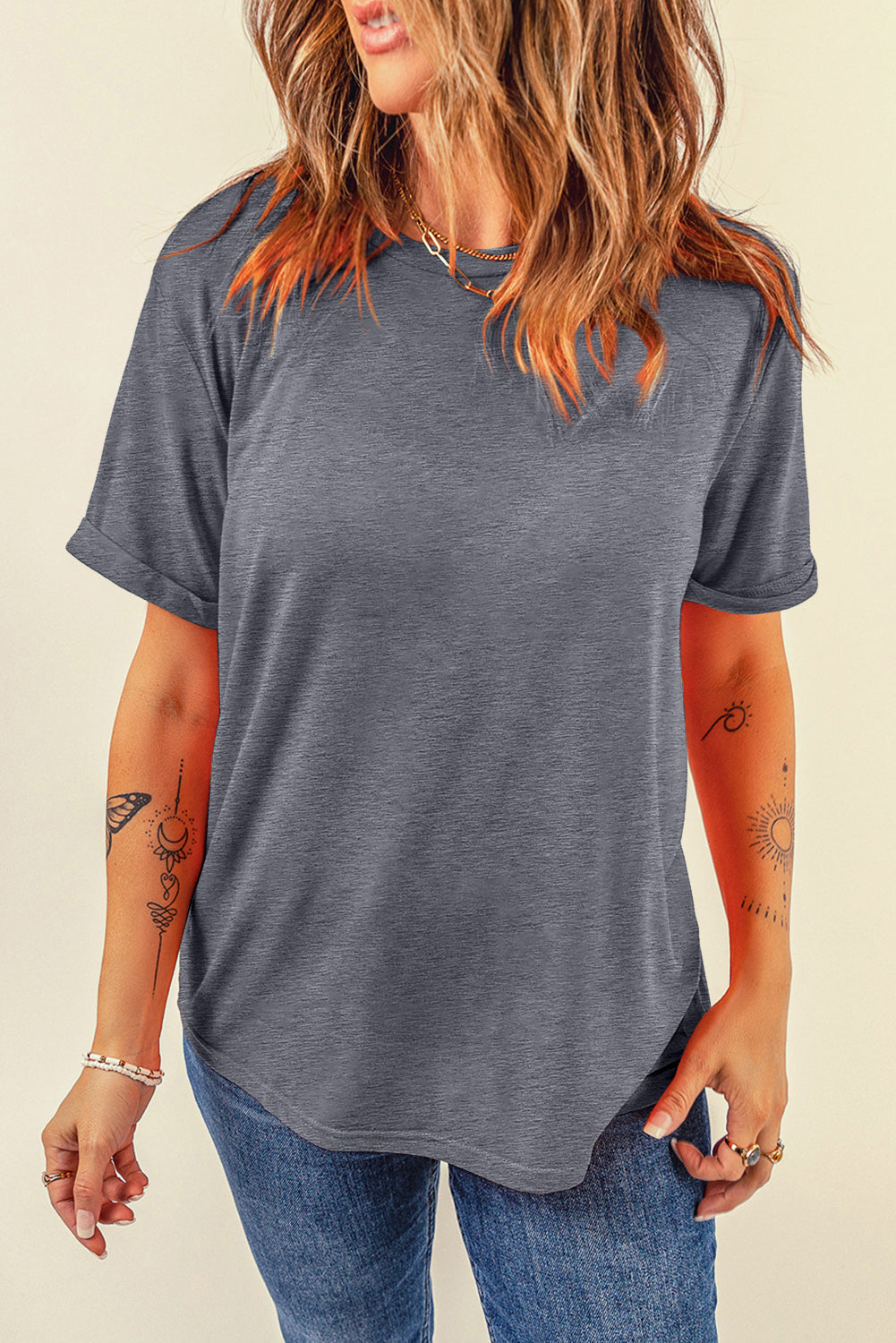 Rose Red Casual Plain Crew Neck Tee