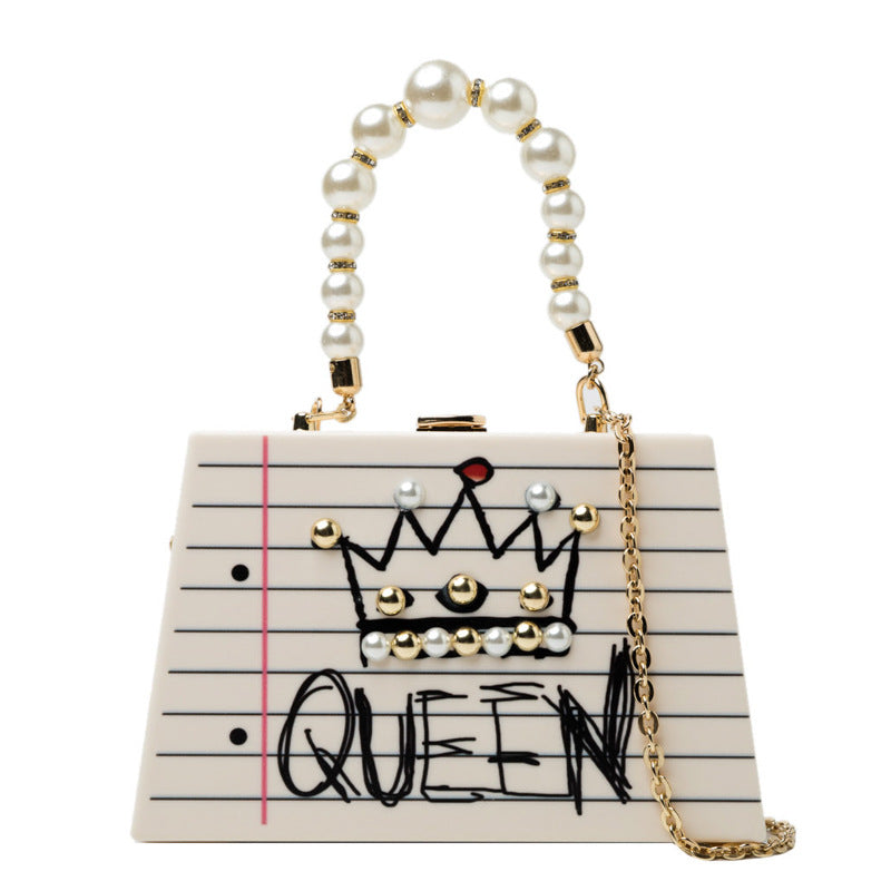 Beaded Strap Small Graffiti Print Queen Pearl Embellished Handbag With Chain Strap