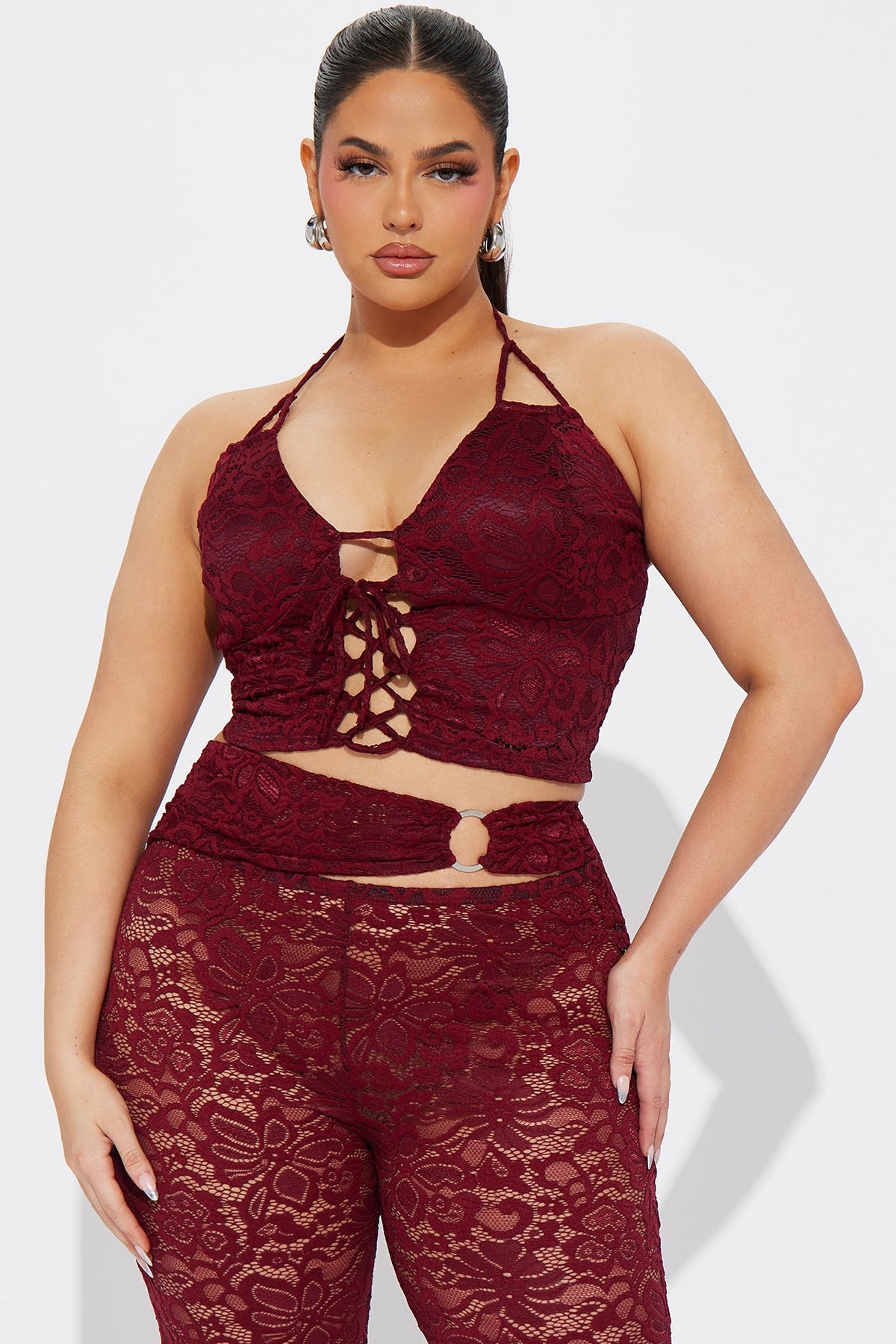 Can't Get Me Lace Pant Set - Burgundy