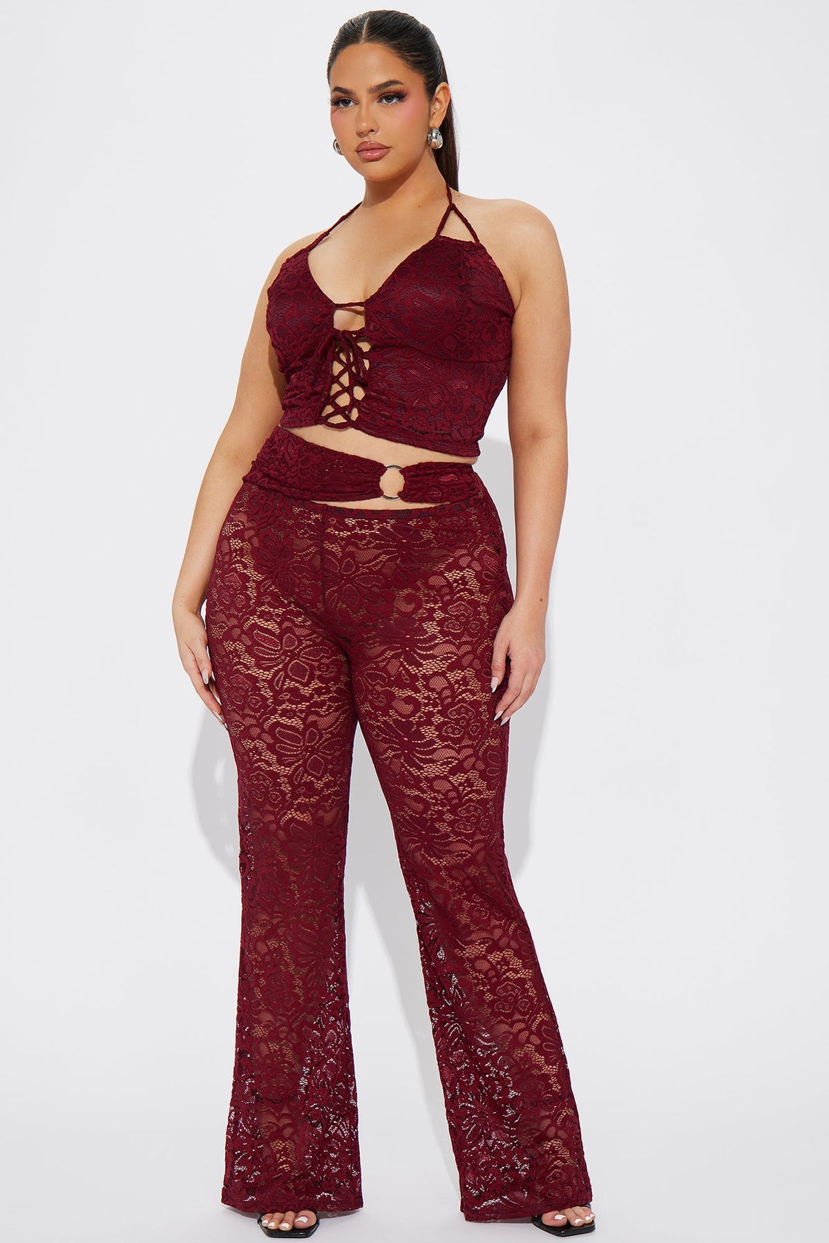 Can't Get Me Lace Pant Set - Burgundy