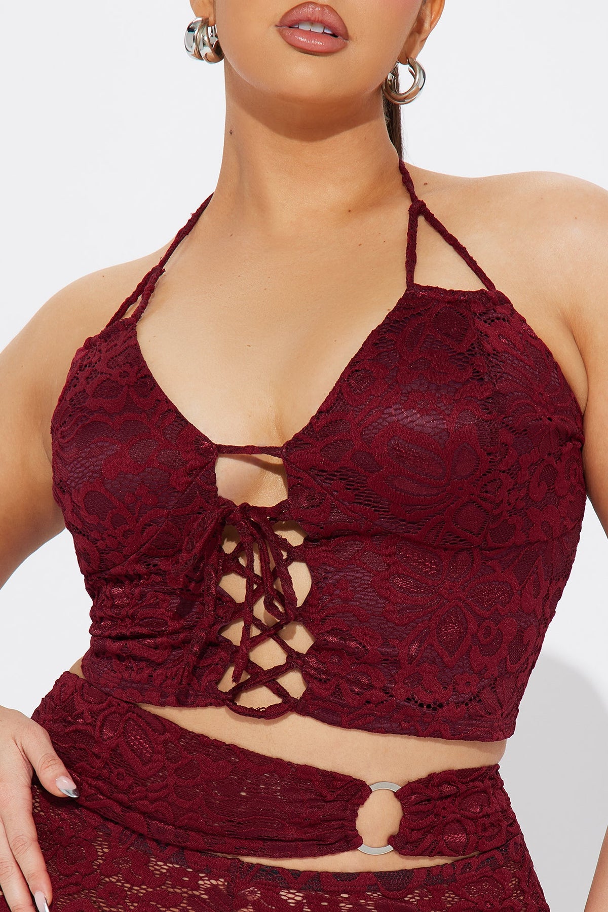 Can't Get Me Lace Pant Set - Burgundy