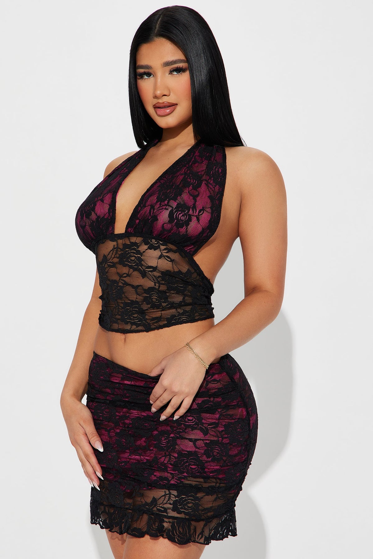 Tender Heart Lace Skirt Set - Black/Pink