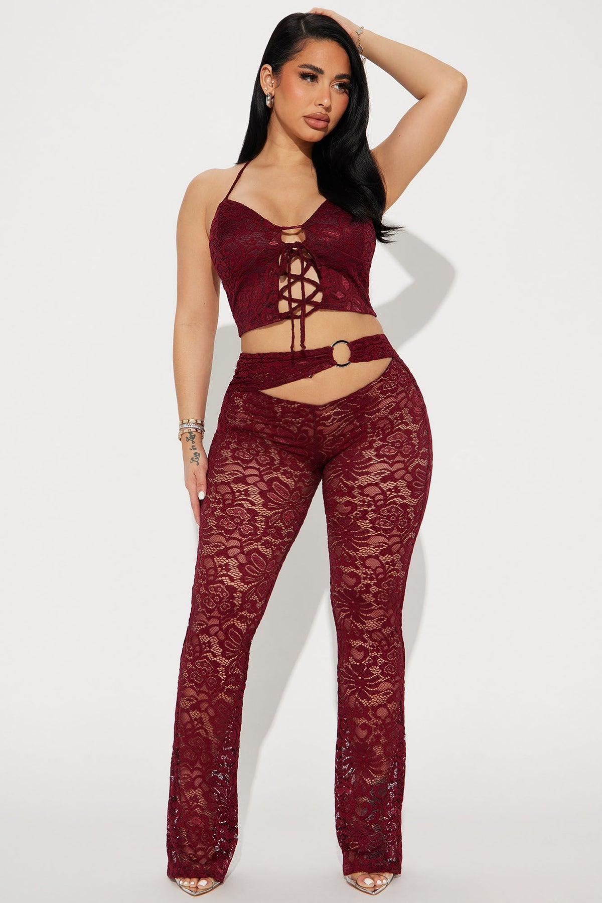 Can't Get Me Lace Pant Set - Burgundy