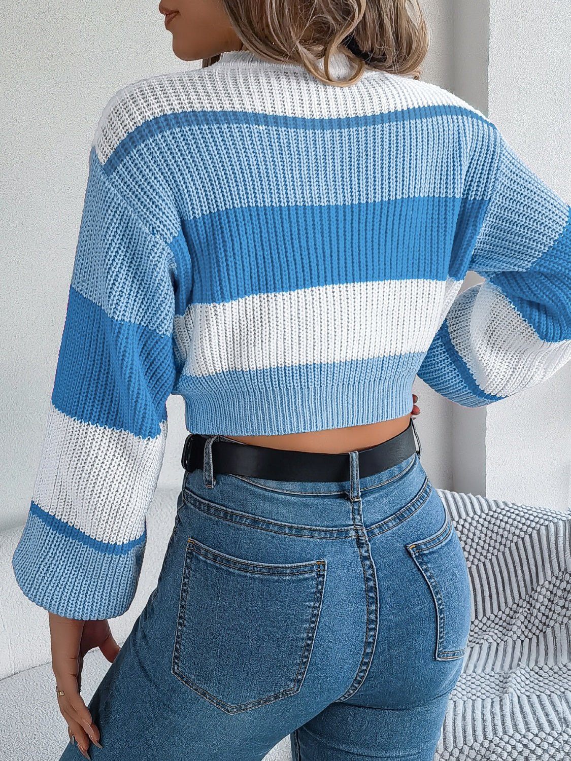 Striped Color Block Round Neck Cropped Sweater