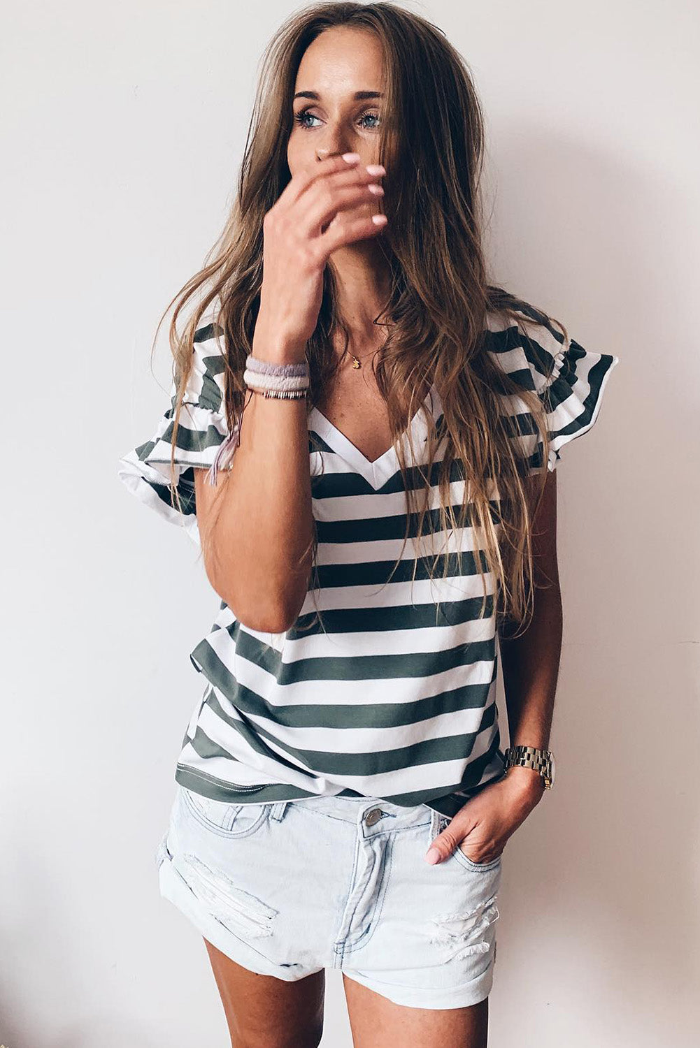 Black Striped V Neck Ruffle Sleeve Top