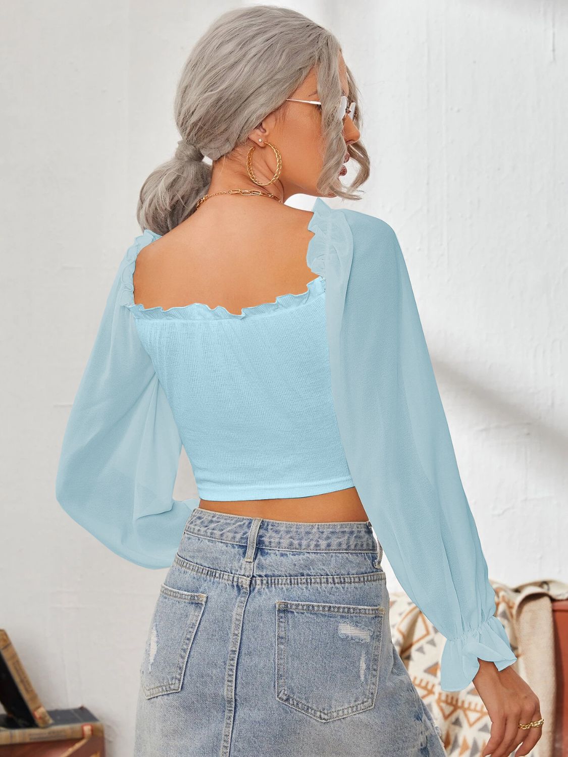 Mesh Sweetheart Neck Flounce Sleeve Top | Elegant Women’s Sheer Blouse