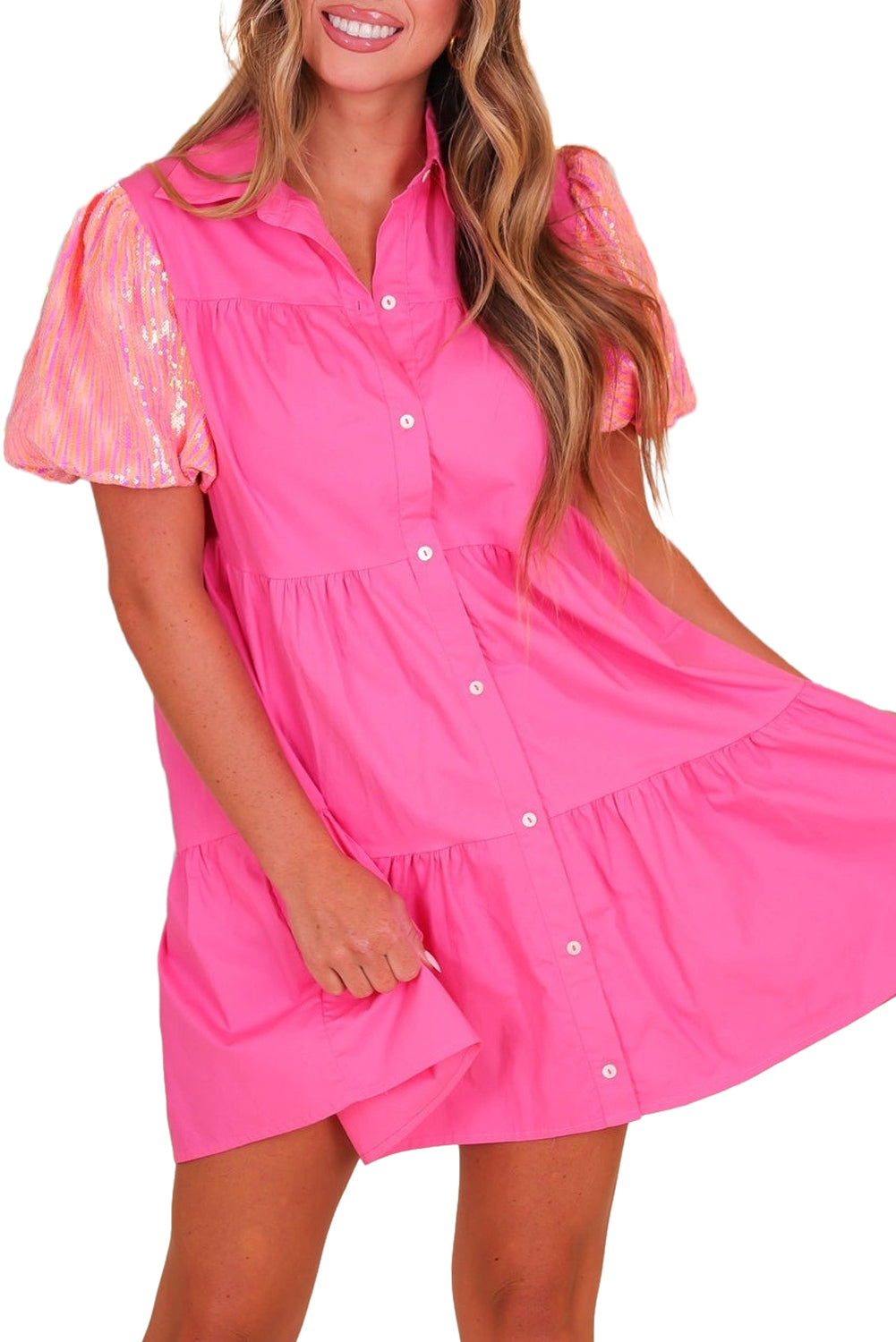 Bonbon Sequins Bubble Sleeve Tiered Mini Shirt Dress