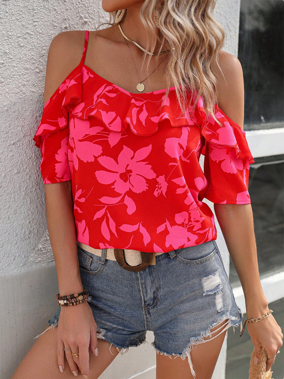 Ruffled Printed Short Sleeve Off Shoulder Blouse