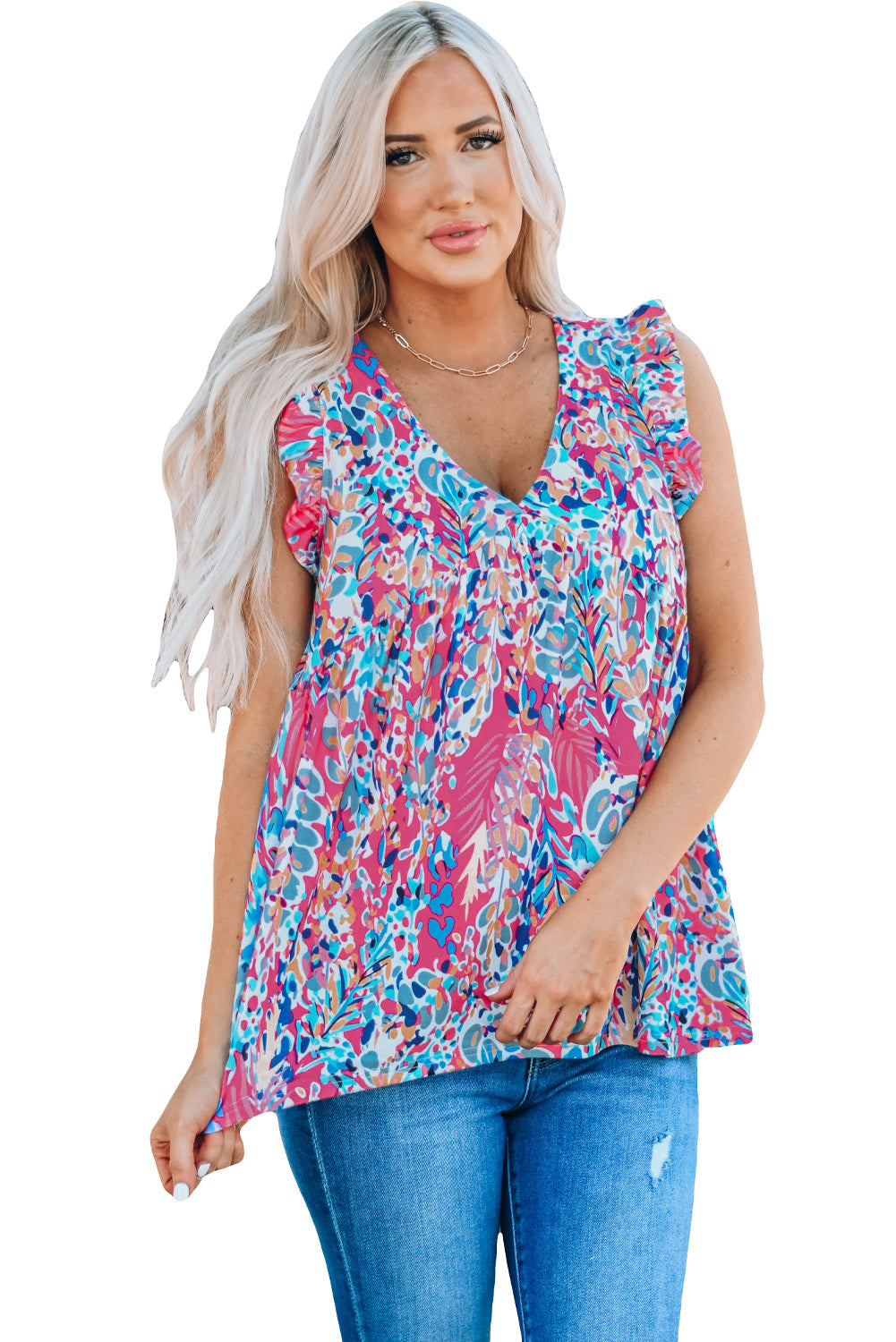 Rose Red Boho Pattern Print Flounce V Neck Tank Top