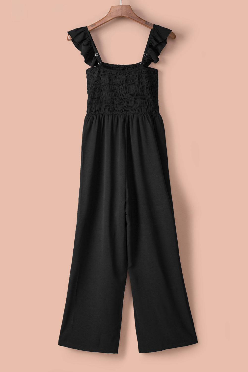 Apricot Smocked Ruffle Strap Pocket Wide Leg Jumpsuit