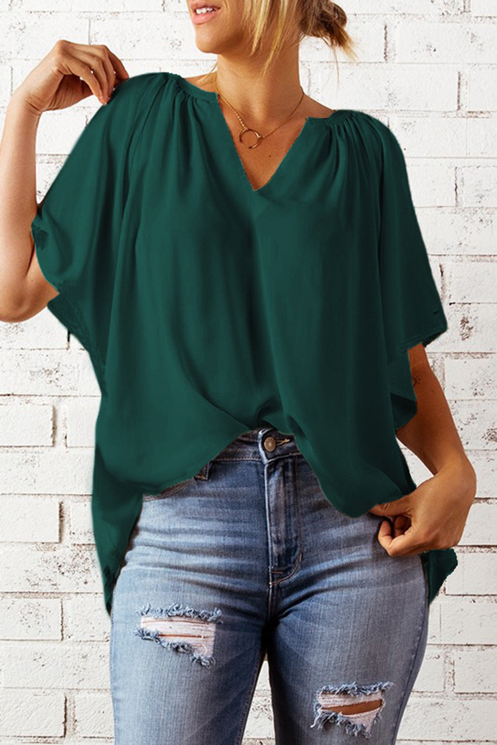 Blue Casual Split Neck Pleated Loose Short Sleeve Blouse