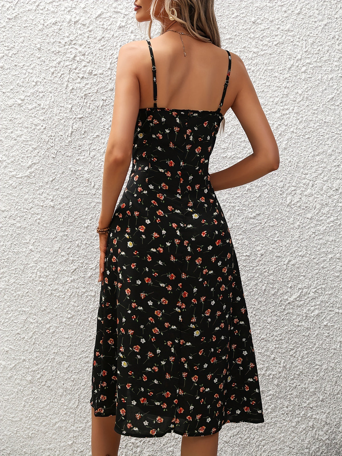 New Polka Dot Print Spaghetti Strap Sexy Slit Maxi Dress