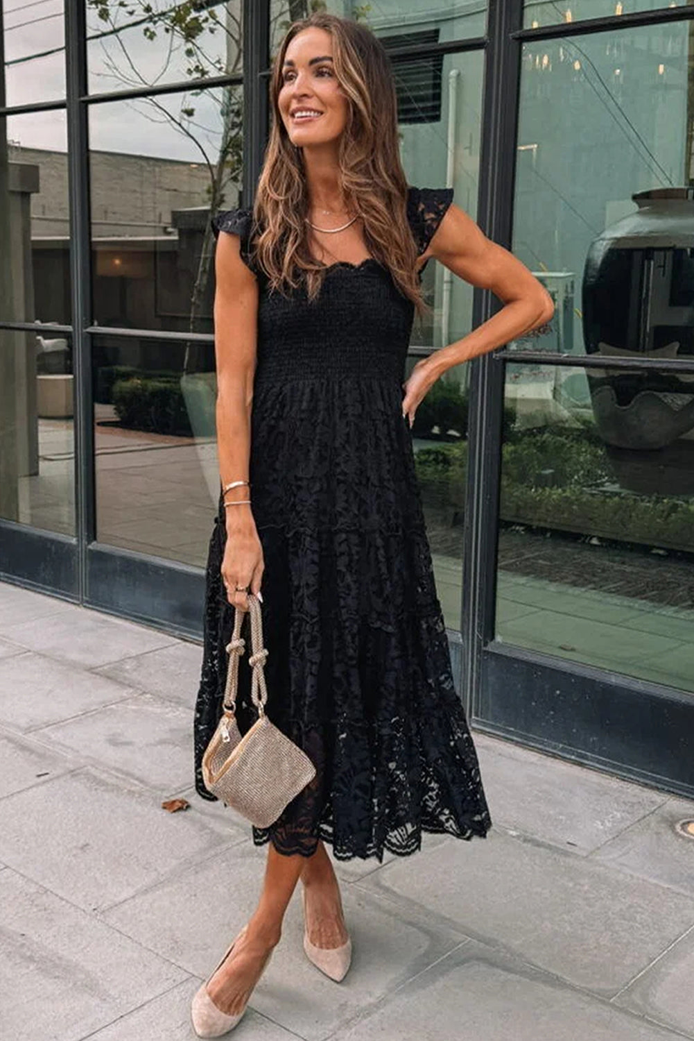 Black Lace Smocked Bodice Sleeveless Midi Dress - Elegant Women's Cocktail Dress