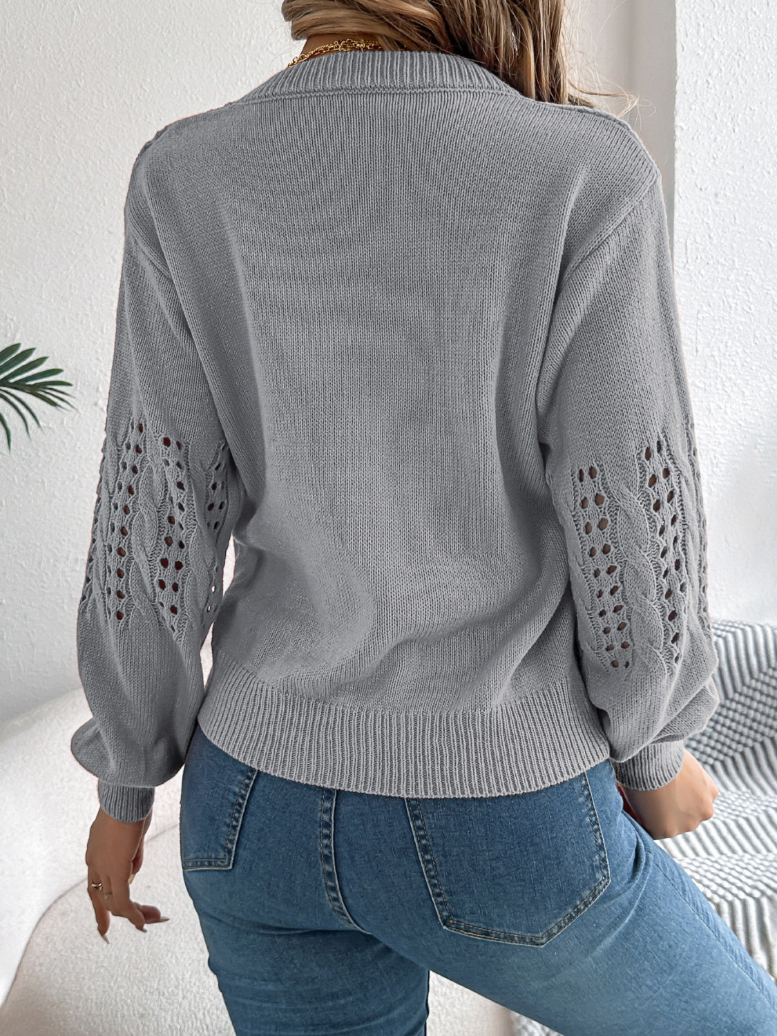 Openwork Round Neck Long Sleeve Sweater