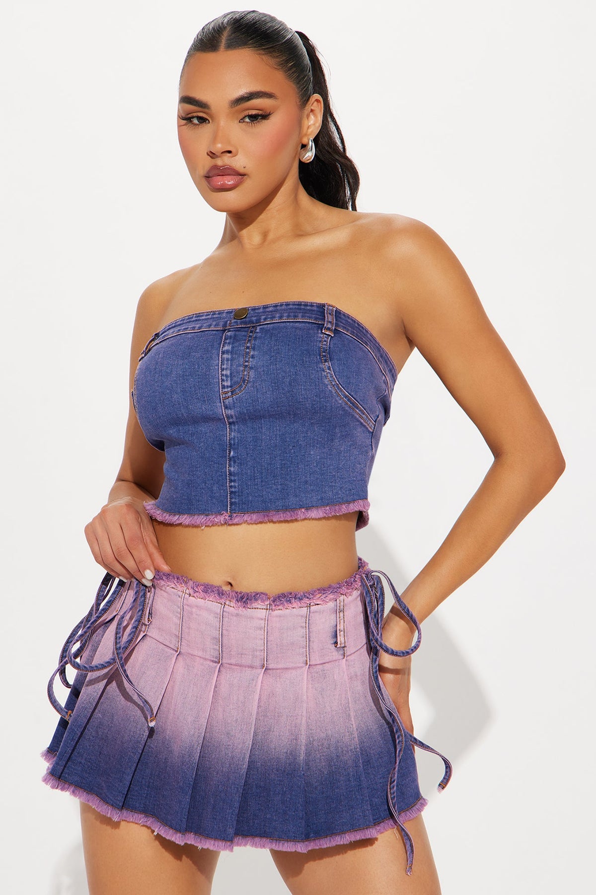 Marlo Denim Pleated Skirt Set in Radiant Purple - Elevate Your Style