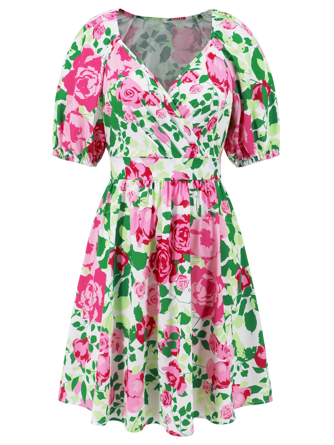 Bright Floral Printed V Neck Pleated Boho Short Sleeve Dress