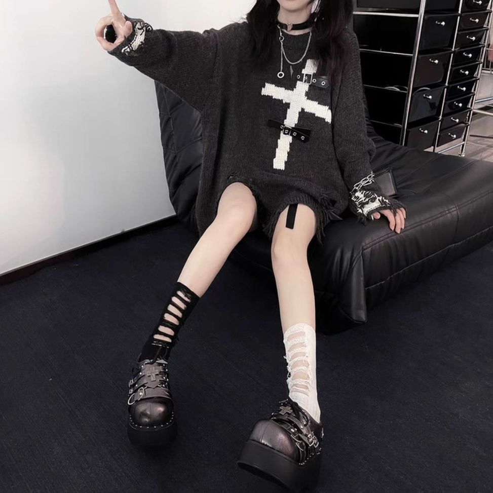 Asian Culture Punk Dark Cross Loose Sweater