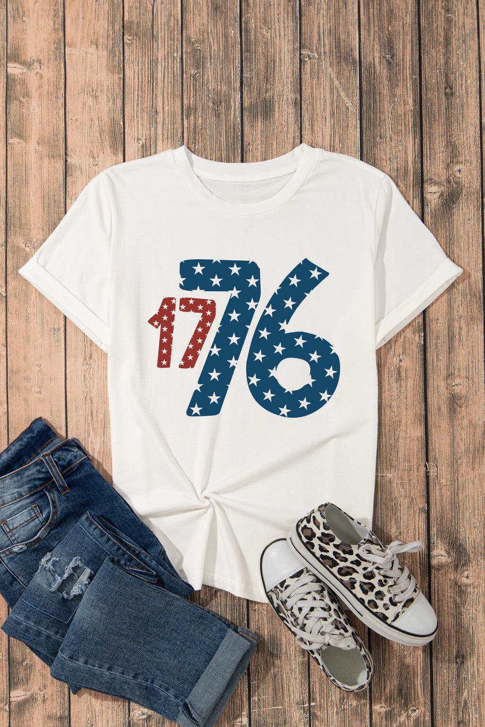 White Flag Day Star 1776 Graphic Crew Neck T Shirt