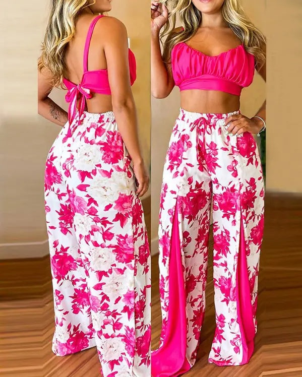 Women's Printed Contrast Wide Leg Pant Two Piece Outfit Set