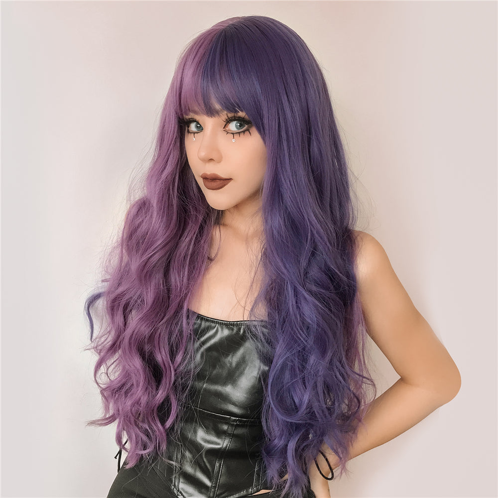 Long Curly Hair With Bangs Split Dye and Gradient Cosplay Wig Options