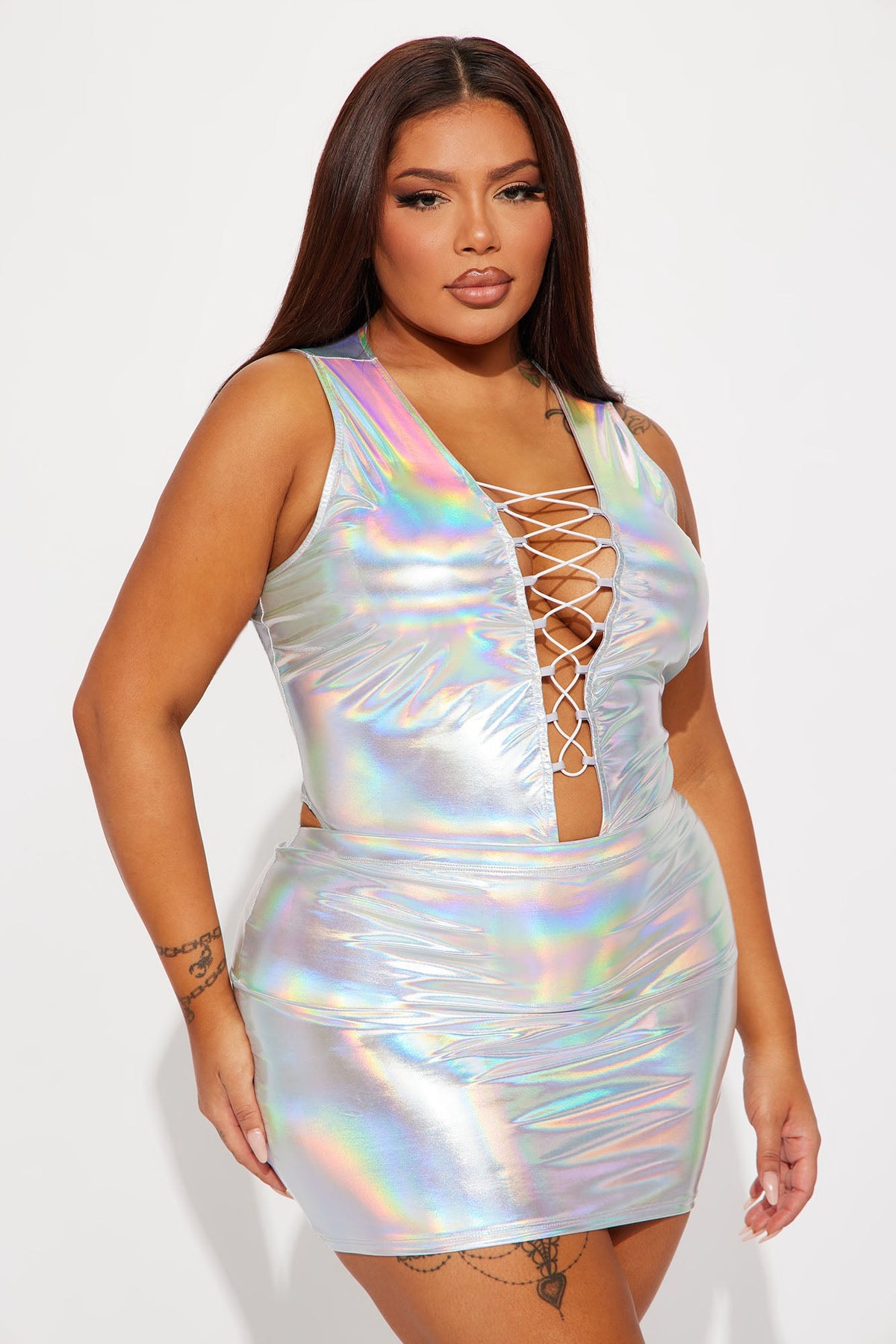 What A Vision Holographic Skirt Set - Silver