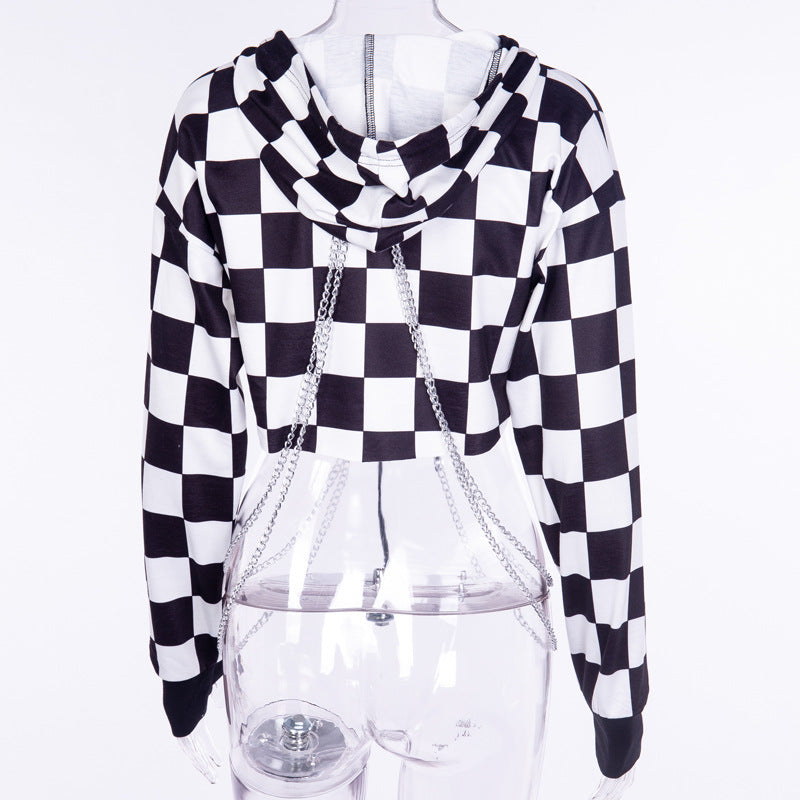 Checkered punk crop hoodie sweatshirt