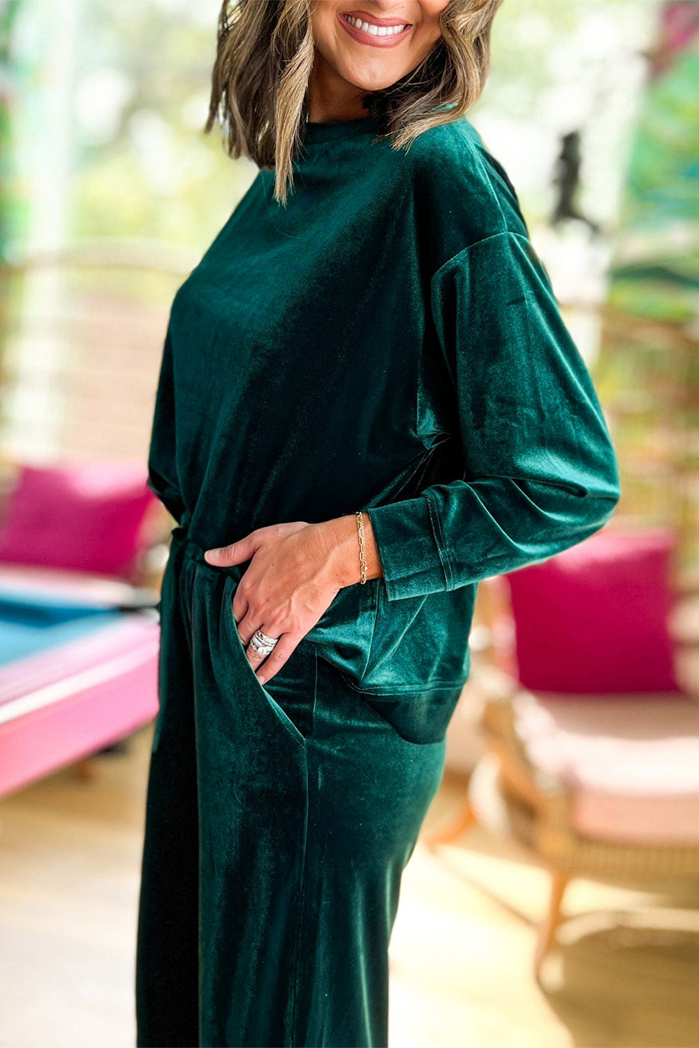 Blackish Green Velvet Long Sleeve Top & Wide Leg Pants Set