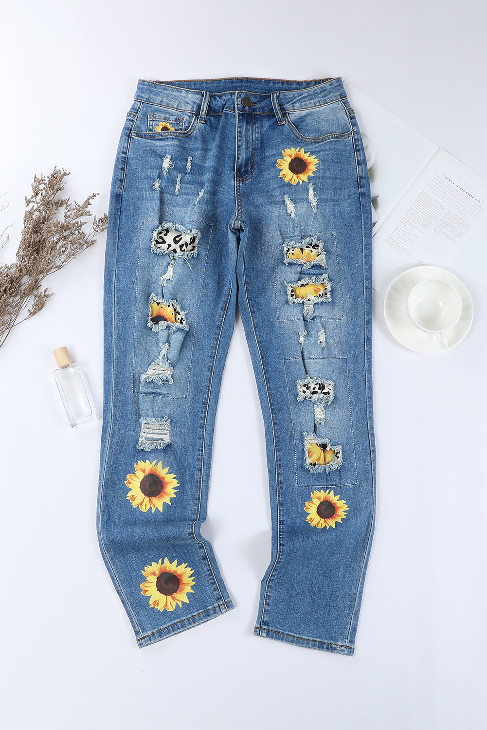 Blue Sunflower Print Ripped Mid Rise Straight Leg Graphic Jeans