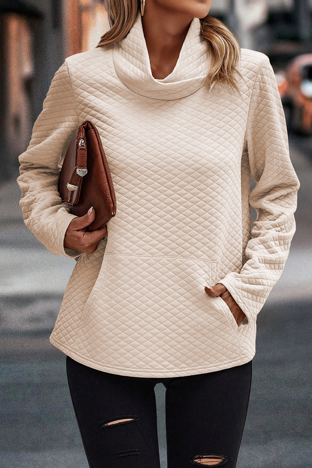 Rose Quilted Buttoned Neckline Stand Neck Pullover Sweatshirt