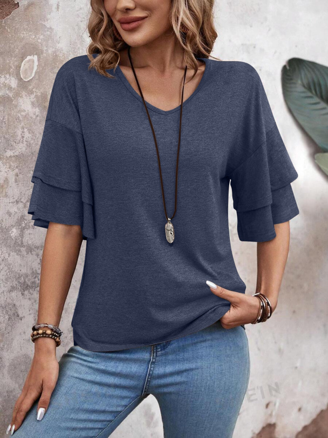 V-Neck Half Sleeve Ruffle Blouse