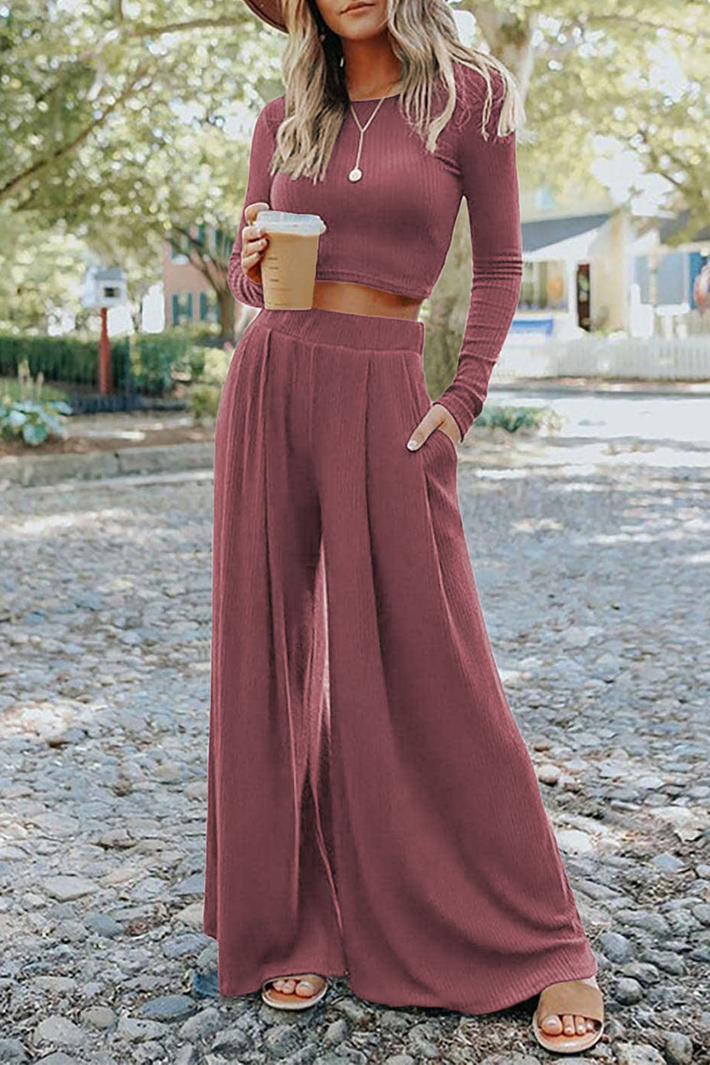 Gray Plain Ribbed Crop Top & Wide Leg Pants Two Piece Pants Set