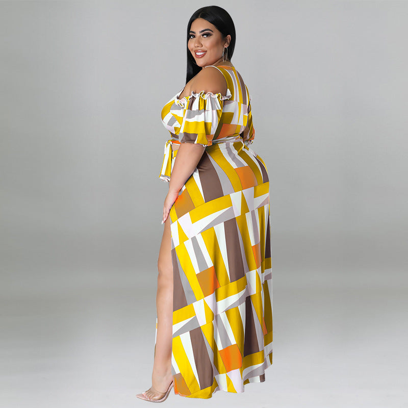 Cold Shoulder V Neck Fashion Abstract Print Two Piece Tie Front Crop Top and Maxi Skirt Outfit Set